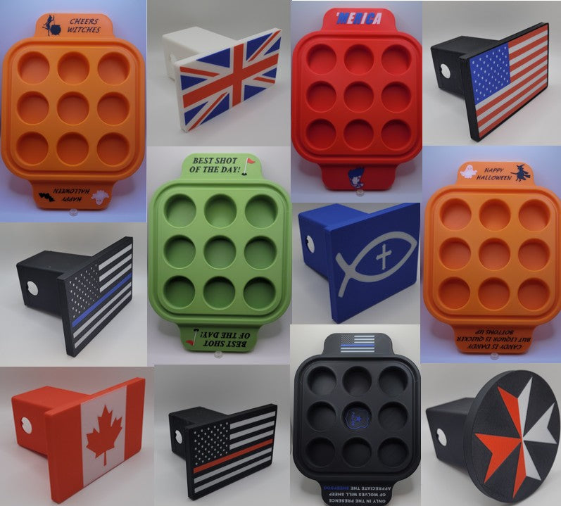 Collage of various novelty trailer hitch covers with different designs and colors.